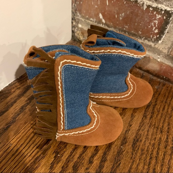 Like New | Denim, Fringe & Faux Suede Baby Cowboy Booties, 0-6 months - Picture 2 of 9